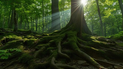 big tree roots and sunbeam in a green forest