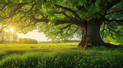 Big tree with fresh green leaves and green spring meadow