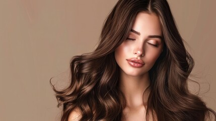 Naklejka premium Brunette girl with long and shiny wavy hair . Beautiful model with curly hairstyle .