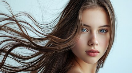 Naklejka premium Portrait of a beautiful woman with a long hair. Young brunette model with beautiful hair - isolated on white background. Young girl with hair flying in the wind.