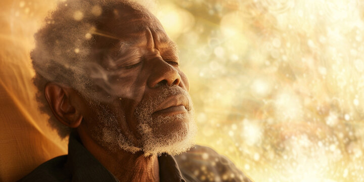 Happy black male man smiling in happiness taking deep breath for zen, health or spiritual wellness. Senior African American woman with healing energy light around her feeling good breathing calm peace