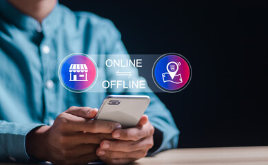 Online or offline purchases concept. Businessman use smartphone  choose between online and offline...