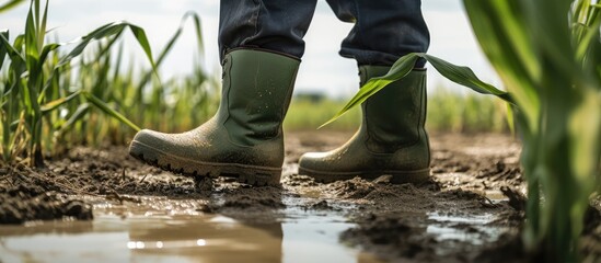 man farmer in rubber boots walks along corn sprouts green field lifestyle. agriculture a business concept.