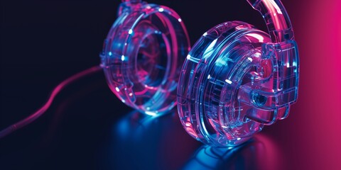 A transparent headphones close up under neon x-ray