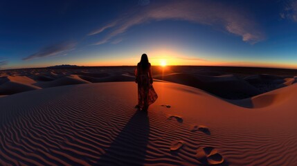 Fototapeta na wymiar A woman standing in the desert at sunset. Generative AI.