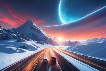 Futuristic view to big moon above asphalt road highway in snow mountains pink sunset