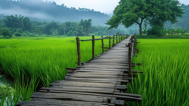 Wooden bridge walkway in the rice fields top veiw