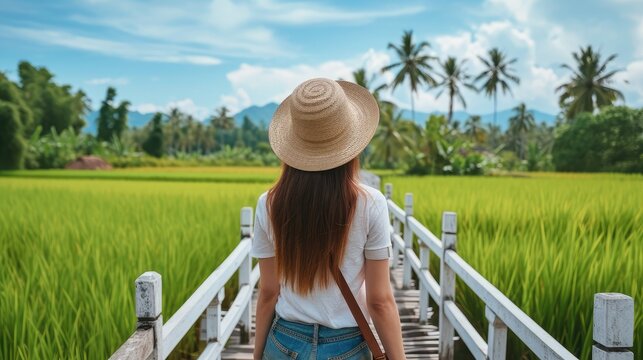 Young woman traveler with backpacker and hat standing at old white wooden bridge in rice fields.