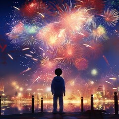 Fototapeta na wymiar The big Chinese boy full of fireworks set off fireworks in the night sky, and the colorful fireworks burst into beautiful light, ring lighting, Two-dimensional, 4K, high resolution generative ai