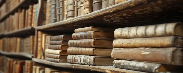 A wall full of Old Ancient Books of a library - obrazy, fototapety, plakaty