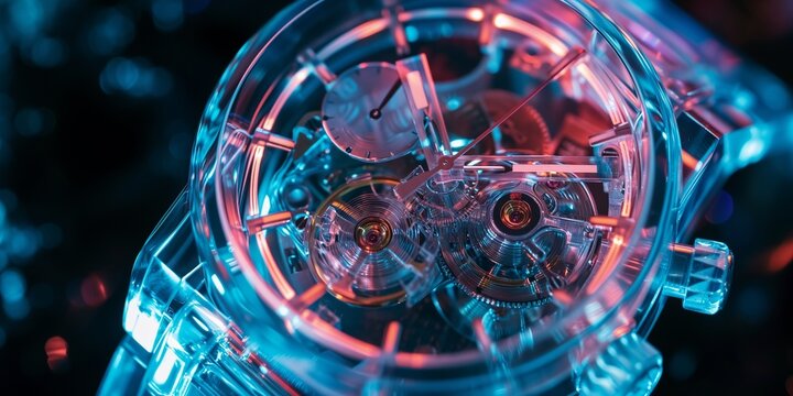 A transparent watch close up under neon x-ray