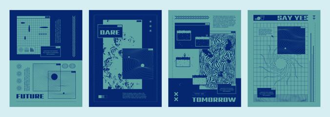 Y2k groovy vibe posters set. Vector realistic illustration of retrowave pixel design flyers in blue and turquoise colors, wireframe background with old computer software icons, creative graphic banner