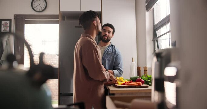 Man, gay couple and cooking vegetables for food, preparing or cutting meal together in kitchen at home. Young male person, lovers or LGBTQ relationship making healthy snack for nutrition at house