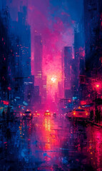 Fototapeta premium Digital painting of a street in a big city at night.