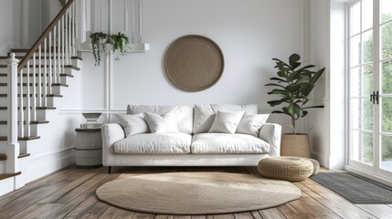 Loveseat sofa near wooden staircase.