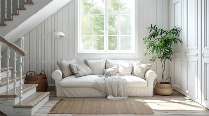 Loveseat sofa near wooden staircase.