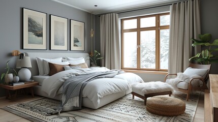 Scandinavian interior design of modern bedroom.