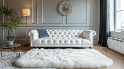Shaggy fur rug near white tufted sofa. - obrazy, fototapety, plakaty