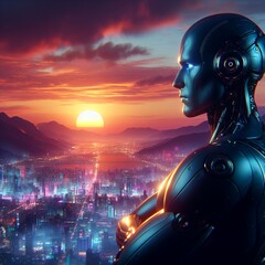 robots mirando la ciudad del futuro - obrazy, fototapety, plakaty
