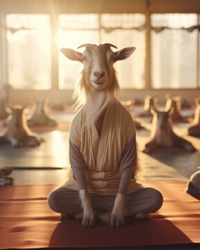A goat dressed in a robe sitting on a yoga mat. Generative AI.