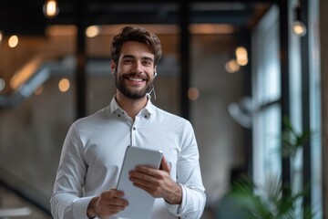 Obraz premium An attractive Latino businessman holding documents in his hands with a happy smile and a bearded head