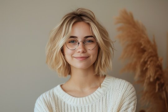 Beautiful smile of a young blonde Gen Z woman. Happy college student.