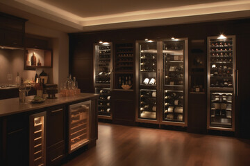 Wine fridge in kitchen, special refrigerator, temperature-controlled appliance meant to store wine bottles and chill wine at home. Cooling and preserving wine at home concept. 