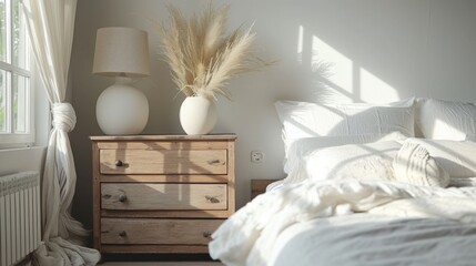 Fototapeta na wymiar A wooden chest of drawers beside the window a white bedside table near the wooden bed and a minimalist interior design of a modern bedroom in a bohemian style