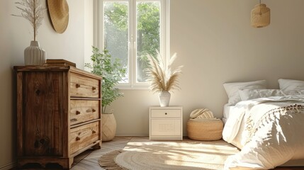 A wooden chest of drawers beside the window a white bedside table near the wooden bed and a minimalist interior design of a modern bedroom in a bohemian style - obrazy, fototapety, plakaty