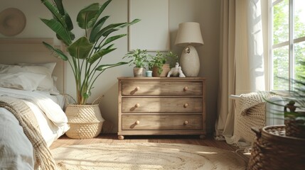 A wooden chest of drawers beside the window a white bedside table near the wooden bed and a minimalist interior design of a modern bedroom in a bohemian style