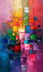 Abstract background: multicolored squares on a textured canvas.
