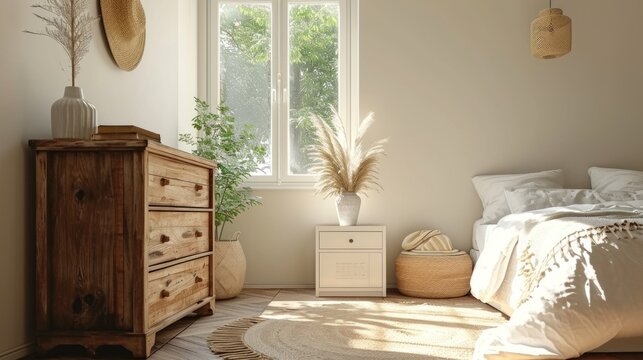 A wooden chest of drawers beside the window a white bedside table near the wooden bed and a minimalist interior design of a modern bedroom in a bohemian style