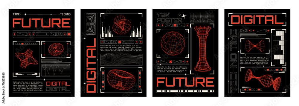 Fototapete Digital techno poster in y2k style with wireframe abstract shape and text box on black background. Vector illustration set of 2000s aesthetic banner with grid brutal geometric element ornament.