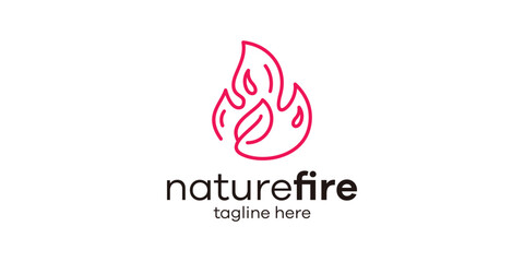 logo design combination of fire shape with leaves, minimalist line logo design.