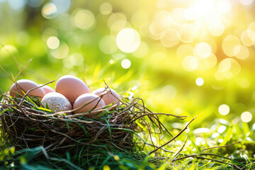 Obraz premium Nest with easter eggs in grass on a sunny spring day - Easter decoration , banner , panorama , background