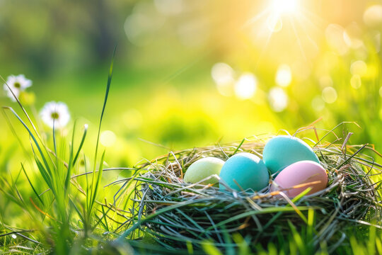 Nest with easter eggs in grass on a sunny spring day - Easter decoration , banner , panorama , background