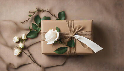 Pretty gift box wrapped with simple brown decorated with jute bow and branch of tree with white roses.