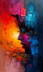 Abstract painting of a man's face, combined with a colorful background.