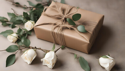 Pretty gift box wrapped with brown decorated with jute bow and branch of tree with white roses.