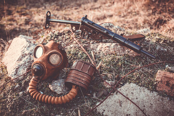 gas mask and sten gun 