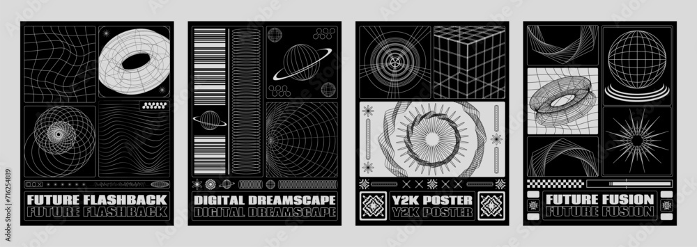 Poster y2k retro style poster design template with grid surfaces and abstract geometric shape elements on b