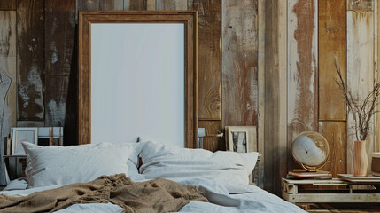 Fototapeta na wymiar Mockup frame in rustic bedroom interior background. Ai Generative