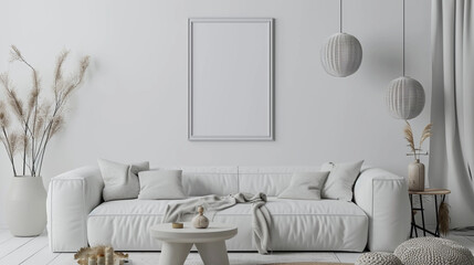 Blank horizontal poster frame mock up in scandinavian style living room interior. Ai Generative