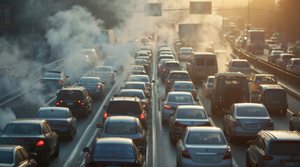 Heavy traffic on a big-city freeway polluting the environment contributing to global warming - obrazy, fototapety, plakaty