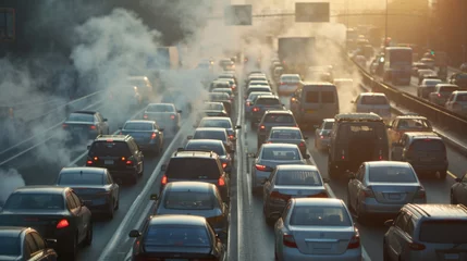 Fotobehang Heavy traffic on a big-city freeway polluting the environment contributing to global warming © Vivid Pixels