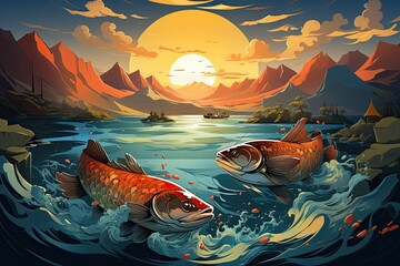 Illustration of beautiful fish on the background of nature and sunset, Generative AI