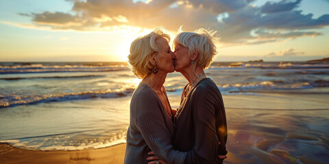 Two senior women in love kiss each other on beach shore. Romantic moment. Diversity sexual equality, LGBTQ pride, marriage equality and same-sex lesbian relashipship vacation time concept - obrazy, fototapety, plakaty