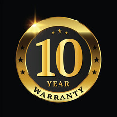 10 year warranty logo with golden shield and golden ribbon.Vector illustration.