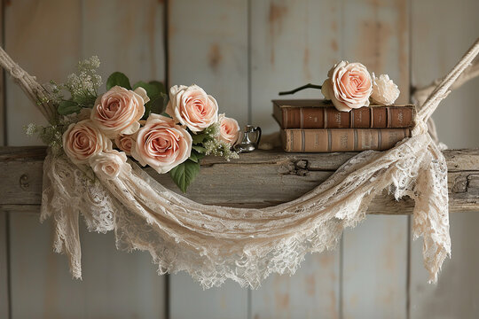 Newborn photography digital background a lacey hammock and pink roses