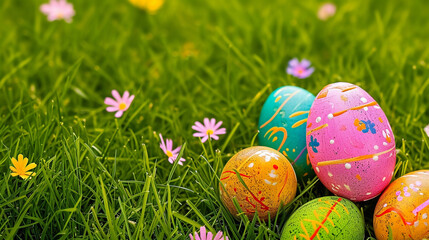 Fototapeta na wymiar Easter egg Colorful Painted on green grass Background